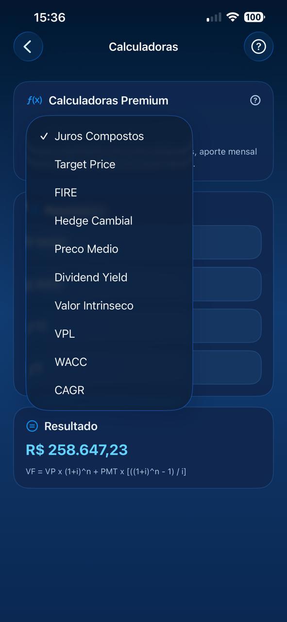 Tela de calculadoras do Axior Talks