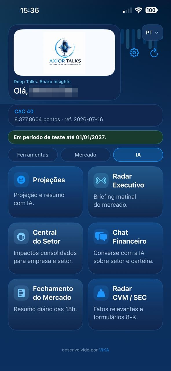 Tela de inteligência artificial do Axior Talks