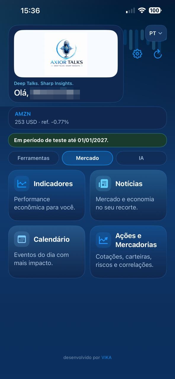 Tela de mercado do Axior Talks