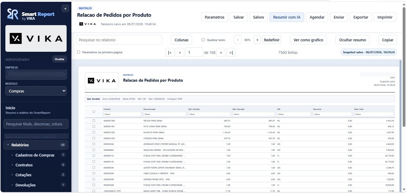 Informe Smart Report con filtros, paginación y exportación